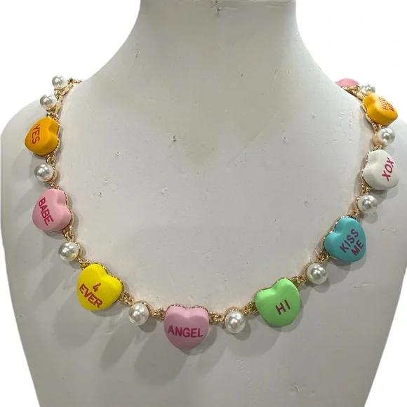Betsey Johnson Multi-Color Candy Heart Pendant Necklace with Pearls - Picture 2 of 3